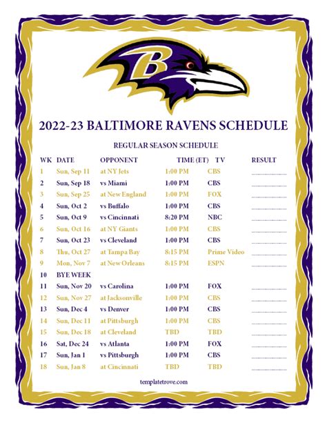 baltimore ravens printable schedule 2022-23